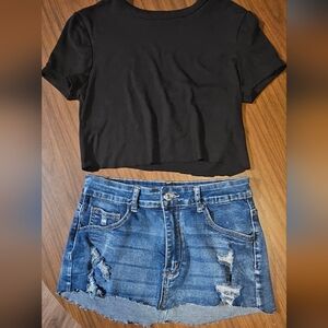 Black Crop Top and Distressed Denim Skirt